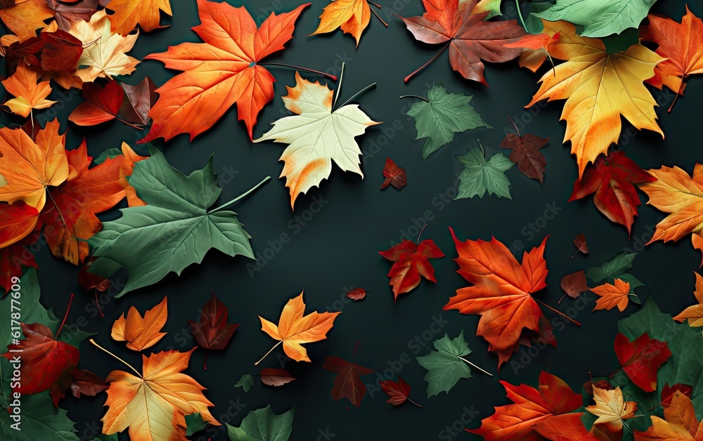Poster autumn. multicolored leaves lie on the ground created with generative ai technology