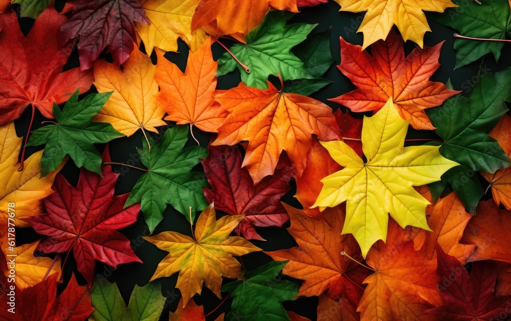 Poster autumn. multicolored leaves lie on the ground created with generative ai technology