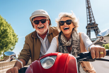 Naklejka premium Happy elderly couple of tourists ride a scooter in France in Paris. Travel retirement concept. AI generated.