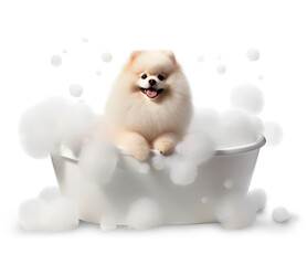 Cute Pomeranian Dog in a bath with foam, isolated on transparent background, cute pet concept, realistic 3D illustration, generative ai - 617878207