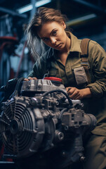 Fototapeta na wymiar A young female mechanic is repairing a car engine. Competent and confident