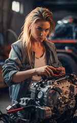 Fototapeta na wymiar A young female mechanic is repairing a car engine. Competent and confident