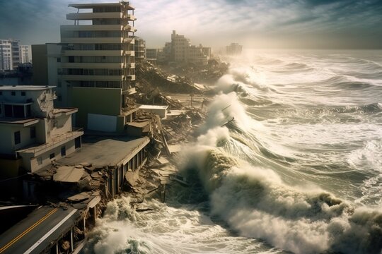 Tsunami with a big wave crashing on coast houses. Generative ai image.