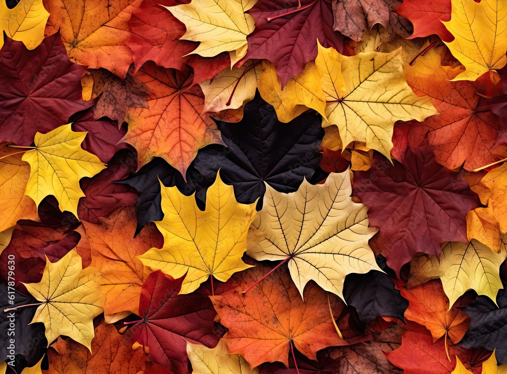 Poster seamless background of fallen autumn leaves created with generative ai technology