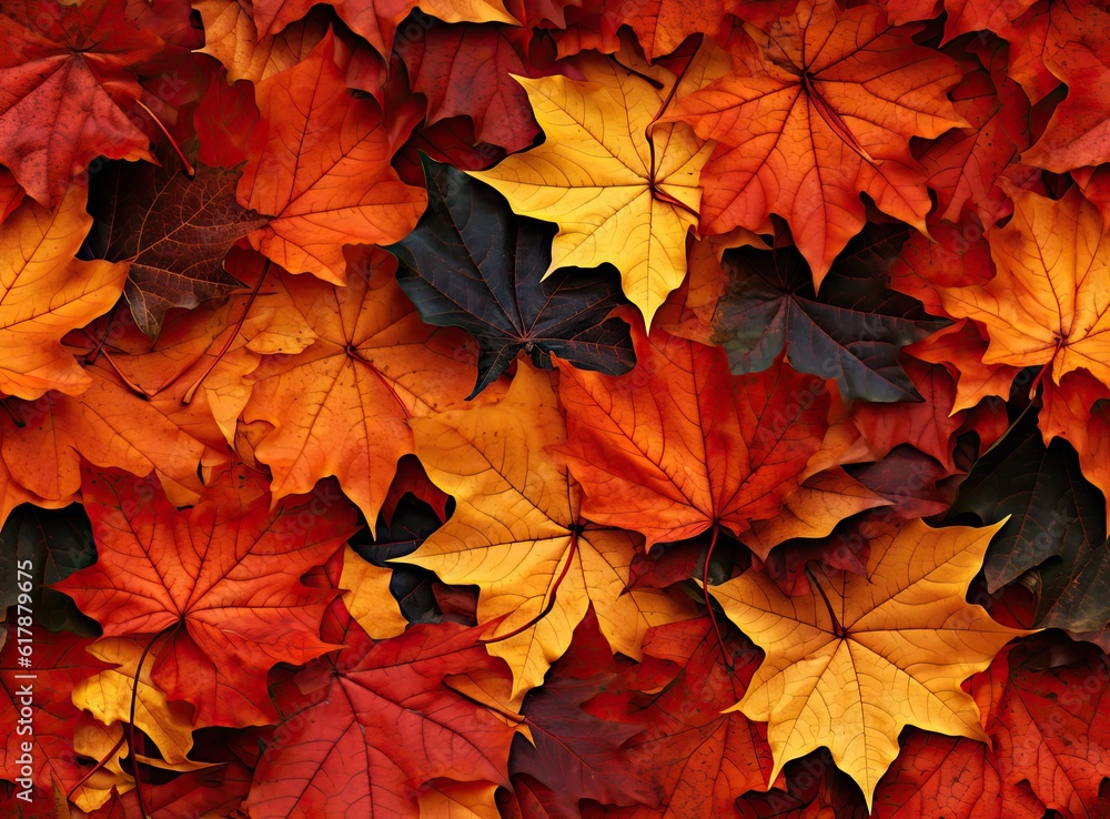 Poster seamless background of fallen autumn leaves created with generative ai technology