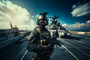 Naklejka premium US Army Marine in full uniform and tactical equipment on the deck of a warship, an aircraft carrier. Military helicopter in the background. AI generated.