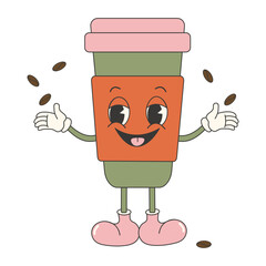 Trendy groovy coffee cup sticker. Retro vintage vector sticker with cute and funny character.