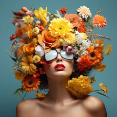 Summer flowers concept - An assortment of colorful flowers on a woman's head