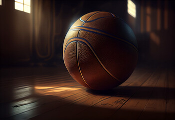 A basketball in a dark room illuminated by a narrow beam of light. AI generative.