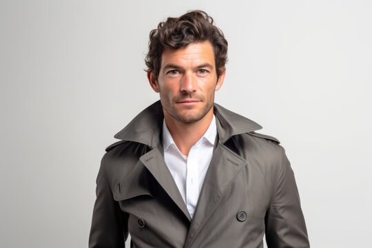 Portrait of a handsome young man with curly hair in a coat looking at the camera on a gray background
