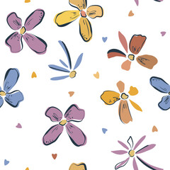 Botanical abstract flowers and hearts. Hand drawn seamless summer floral background. Sketchy multicolor drawing and black and white outline strokes.