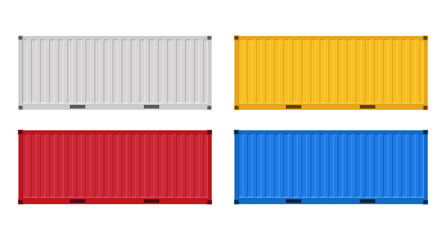 Four shipping containers. Set of cargo containers in different colors. Vector illustration. Isolated on a white background.	
