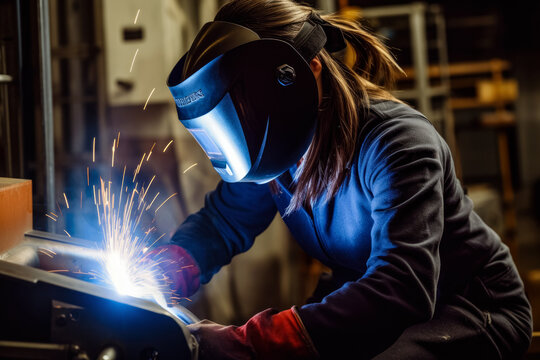 Woman in welding helmet working on piece of metal in workshop, sparks flying around - Female welder, workplace gender equality. Generative AI