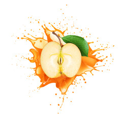Half of an apple with juice splashes isolated on white background