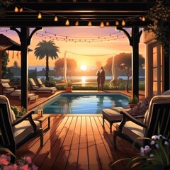 The garden has a hardwood deck and pergola; includes pool furniture. (Illustration, Generative AI)