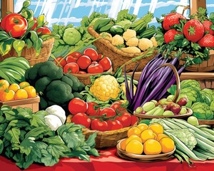 The summer farmers market displays fresh, colorful produce. (Illustration, Generative AI)