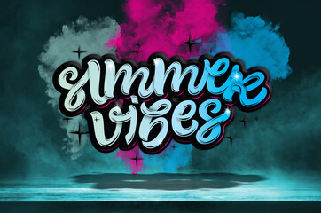 Summer vibes 3D lettering  floating over wooden table with neon colorful smoke on dark background  horizontal poster format 