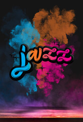 Jazz 3D lettering floating over wooden table with neon colorful smoke on dark background vertical poster format