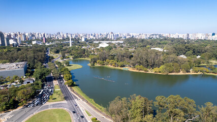 Fototapeta premium Aerial view of Ibirapuera Park in São Paulo, SP. Residential buildings around. Lake in Ibirapuera Park