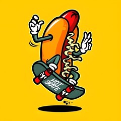 Hot dog sliding on skateboard that says 'HOT SKATE' with yellow background © ozgurkaankoseoglu