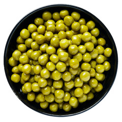 Green canned peas in bowl isolated on white background, top view