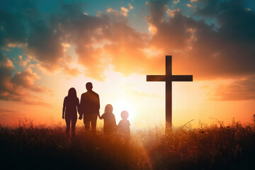 Holy Cross and The Strong Bond of a Silhouetted Family United in Faith Against a Stunning Sunset