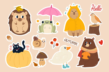 Autumn set with cute characters. Collection design elements with leaves,cute animals,capybara,frog, bird,bear,pumpkin,cat,duck,snail, mushroom.Hand-drawn vector illustration for poster,sticke,postcard