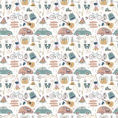 Hiking and camping seamless pattern with travel elements. Seamless pattern for design, posters, backgrounds Hiking, travel and camping theme. Tent, guitara, mug, map, camera, binoculars.