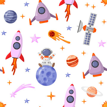 Astronaut and space seamless pattern with space elements. Seamless pattern for design, posters, backgrounds astronaut and space. Planet, comet, galaxy, alienships.