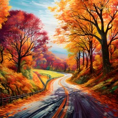 Naklejka na ściany i meble Colorful Trees on Roadway: Realistic Scene with Vibrant Surroundings