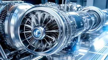 Naklejka na ściany i meble Futuristic industrial gas turbine engine. Engineering equipment. Turbine close up. Heavy industry concept. 