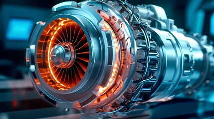 Futuristic industrial gas turbine engine. Engineering equipment. Turbine close up. Heavy industry concept.	