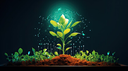 Growing young maize seedling in cultivated agricultural farm field with modern technology concepts.