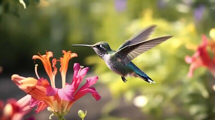 Fototapeta premium Hummingbird hovering next to blooming flowers. Beautiful hummingbird sucking nectar in flight generative ai
