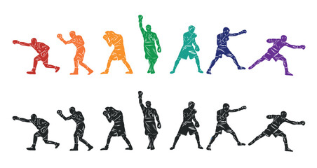 Colorful vector boxing illustration. Bright silhouettes of boxers men. Fighter.