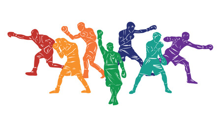 Fototapeta na wymiar Colorful vector boxing illustration. Bright silhouettes of boxers men. Fighter.
