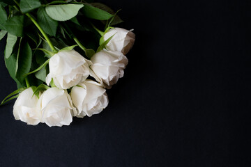 Bouquet of white roses on a black background with space for text