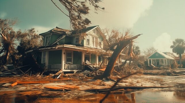 Hurricane, Florida after the hurricane. Broken houses, broken trees generative ai