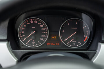 close up of a car speedometer