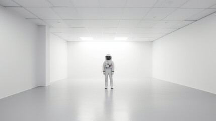 an astronaut standing in an all-white room