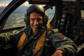 Fototapeta premium A pilot giving a thumbs up in a cockpit poster with copy space . Generative AI