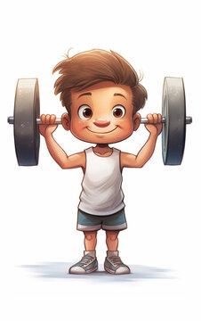 illustration for a children's book of a smiling cute little boy lifting a very heavy barbell