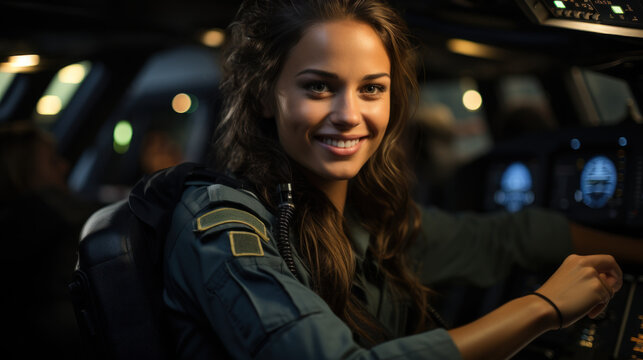 Young woman pilot giving a thumbs up in a cockpit. Generative AI