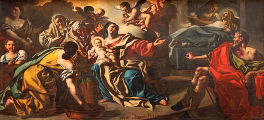 Tuinposter NAPLES, ITALY - APRIL 22, 2023: The painting of Nativity of Virgin Mary in the church Chiesa di Santa Maria dell Aiuto by Gaspare Traversi (1749). © Renáta Sedmáková