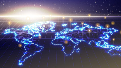 Futuristic glowing world map network connection. Blue earth map hologram display with a straight pin. Digital neural network concept, 3D big data stream technology, world data analytics background