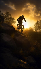 Naklejka premium Male biker riding his vehicle by the rocks at sun dusk. Cyclist going mountain biking alone. Generative AI.