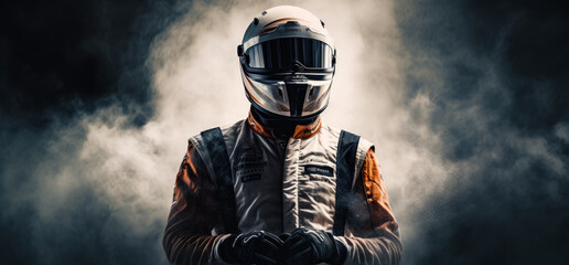 Sports car driver wearing special jacket and helmet. Car racer standing alone in the heavy smoke. Generative AI. - obrazy, fototapety, plakaty