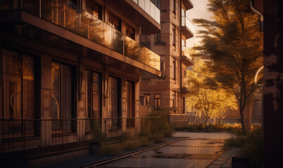 Nice modern building interior with glass balconies. Office center in the downtown. Generative AI.