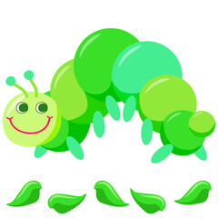 Cute green caterpillar with some leaves on white background. Cartoon colored vector illustration for children's book, decoration, print.