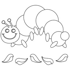 Cute cartoon caterpillar with some leaves. Black and white. Childish vector illustration for coloring book.